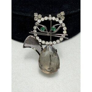 Vintage Black Cat Rhinestone Brooch Green Eyes Smoky Glass Statement